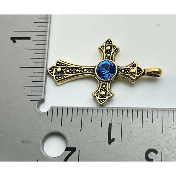 Elegant Gold Tone Cross Pendant with Blue Rhinestone Accent Christian Religious - Picture 3 of 6